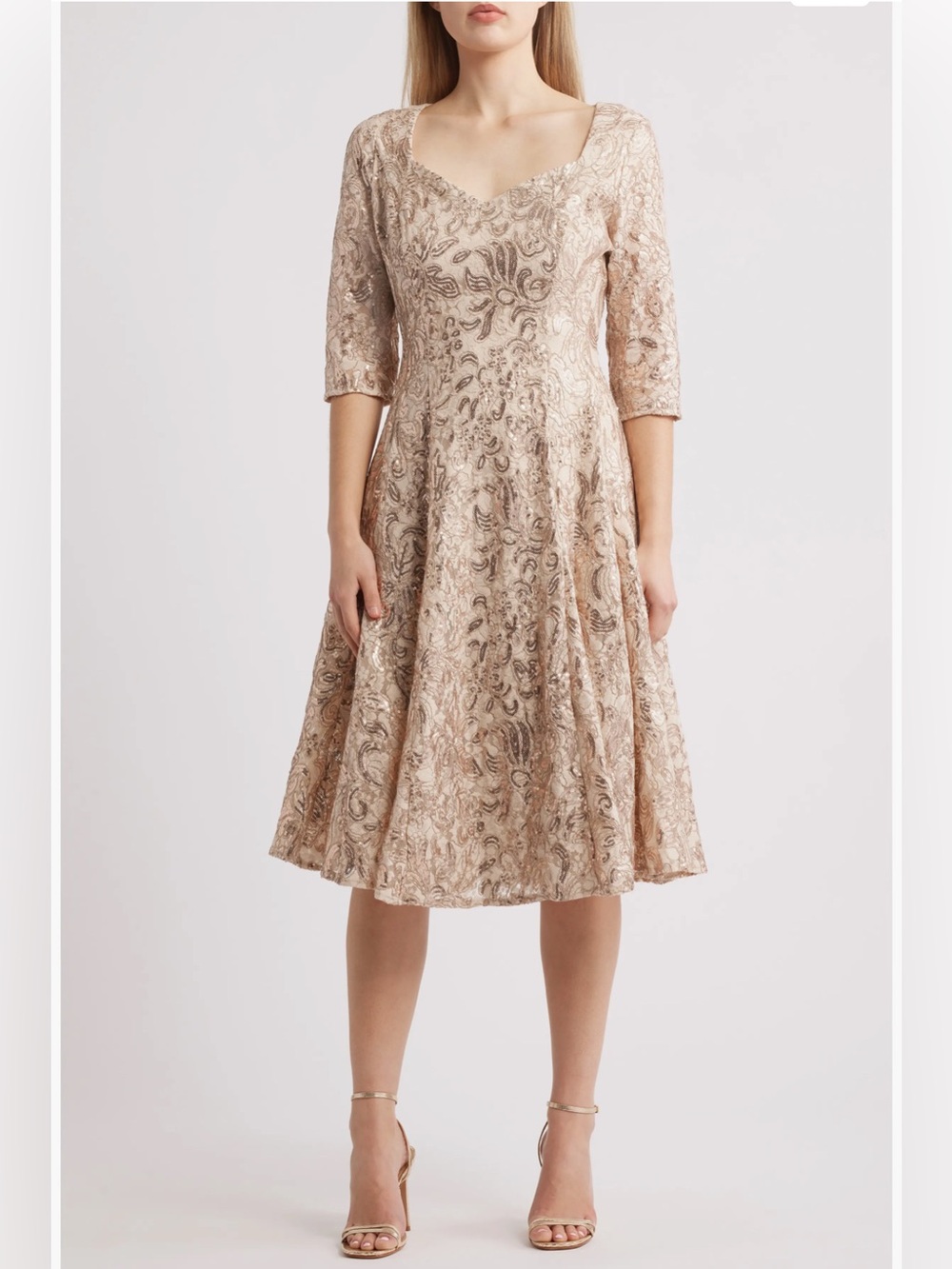 Tahari Metallic Beige Lace Midi Dress with Scoop Neck